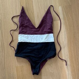 Tavik Burgundy and Black V-Neck Colorblock One-Piece